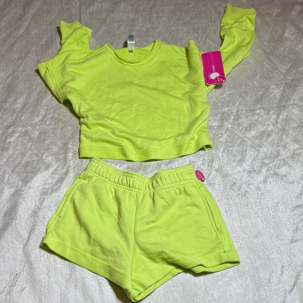 Yogalicious Neon Green Cropped Sweatshirt and Shorts Set for girls size M/10